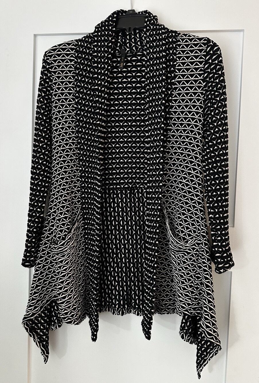 IC by Connie K Cardigan Black White Open Front Draped Knit Size M USA Made